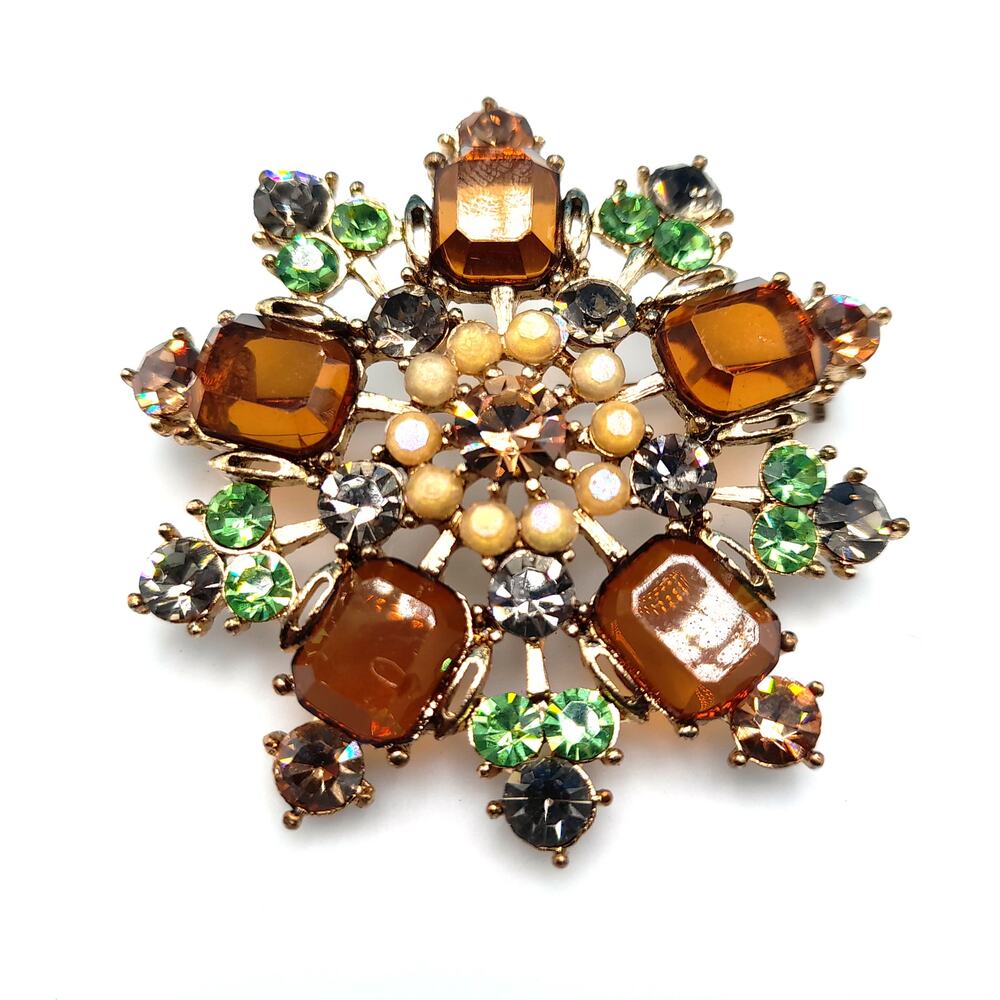 Vintage Snowflake Rhinestone Brooch, Topaz Green Rhinestones, Gold Tone